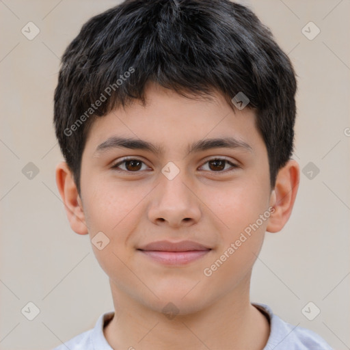 Joyful white child male with short  brown hair and brown eyes