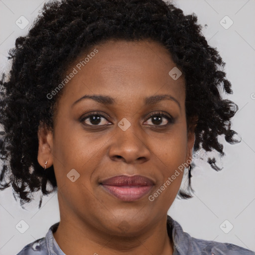 Joyful black adult female with medium  brown hair and brown eyes