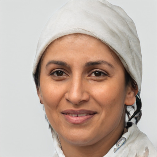 Joyful white adult female with medium  black hair and brown eyes