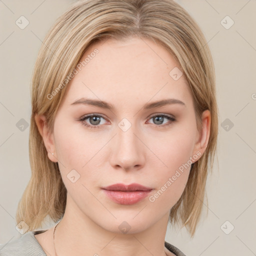 Neutral white young-adult female with medium  brown hair and grey eyes