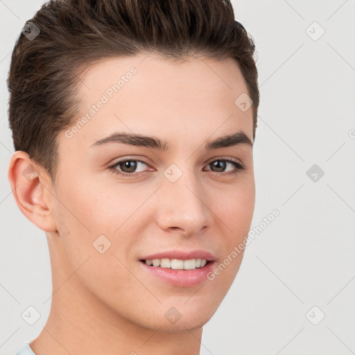 Joyful white young-adult female with short  brown hair and brown eyes