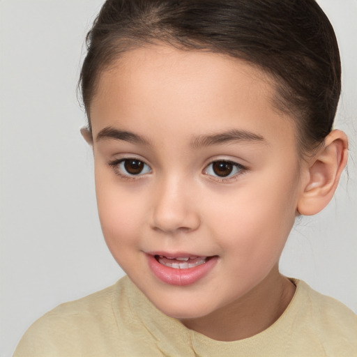 Joyful white child female with medium  brown hair and brown eyes