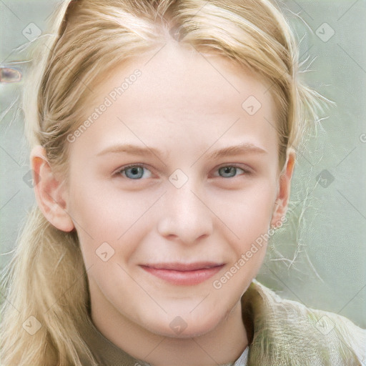 Joyful white child female with medium  brown hair and blue eyes