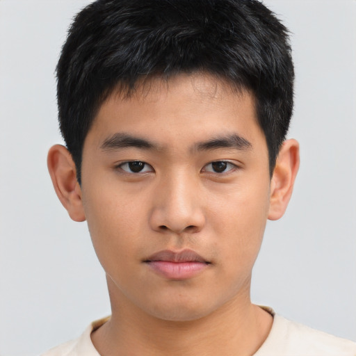 Neutral asian young-adult male with short  brown hair and brown eyes