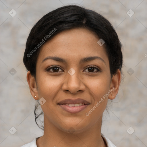 Joyful latino young-adult female with short  brown hair and brown eyes