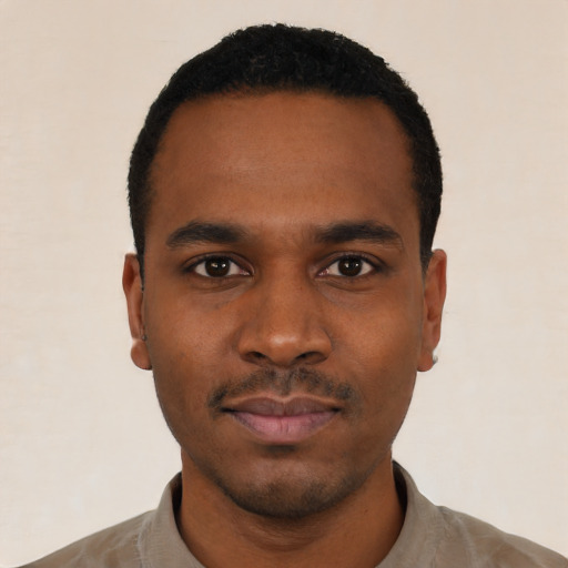 Neutral black young-adult male with short  black hair and brown eyes