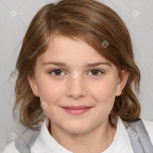 Joyful white child female with medium  brown hair and brown eyes