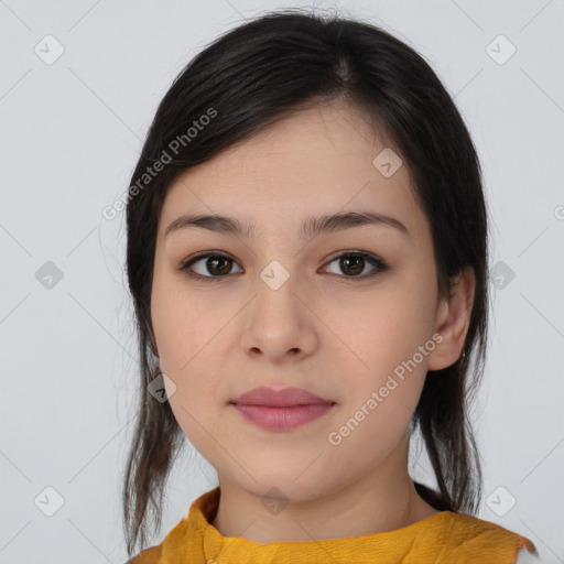 Neutral white young-adult female with medium  brown hair and brown eyes