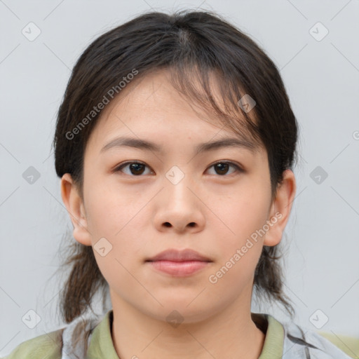 Neutral asian young-adult female with medium  brown hair and brown eyes