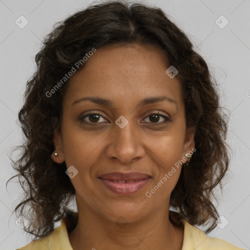 Joyful black young-adult female with medium  brown hair and brown eyes