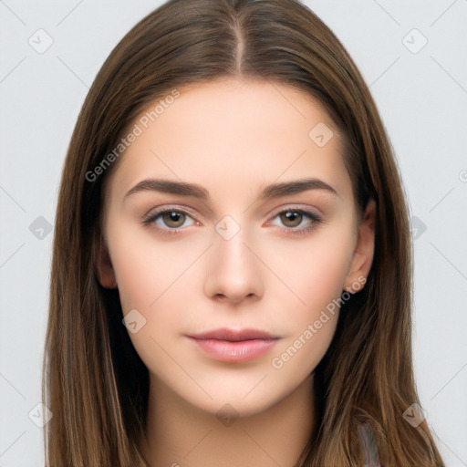 Neutral white young-adult female with long  brown hair and brown eyes