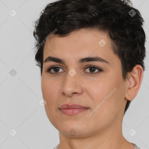 Joyful white young-adult female with short  brown hair and brown eyes