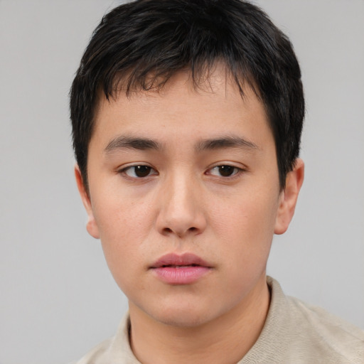 Neutral asian young-adult male with short  brown hair and brown eyes