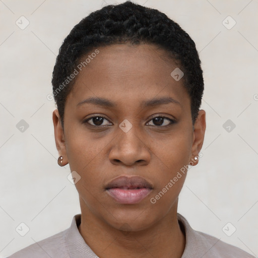 Neutral black young-adult female with short  black hair and brown eyes