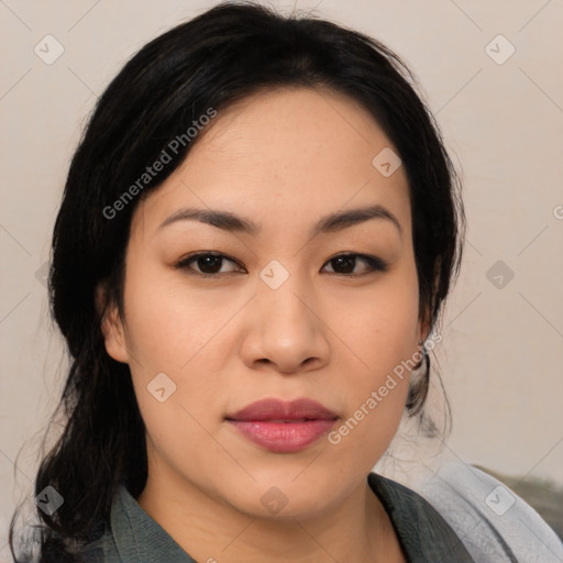 Joyful asian young-adult female with medium  black hair and brown eyes