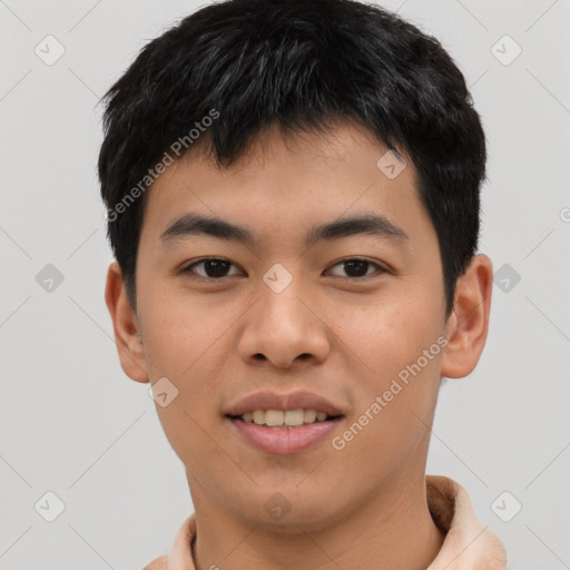 Joyful asian young-adult male with short  black hair and brown eyes