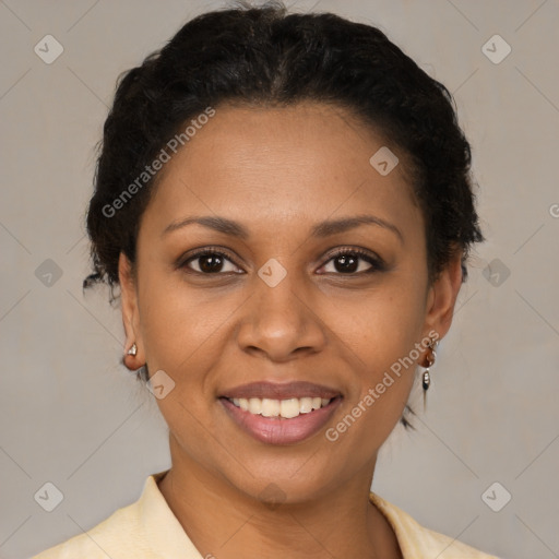 Joyful latino young-adult female with short  brown hair and brown eyes