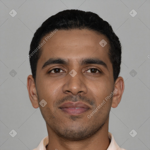 Neutral latino young-adult male with short  black hair and brown eyes