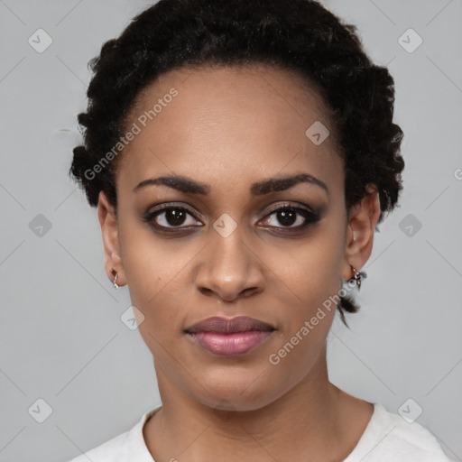 Joyful latino young-adult female with short  black hair and brown eyes