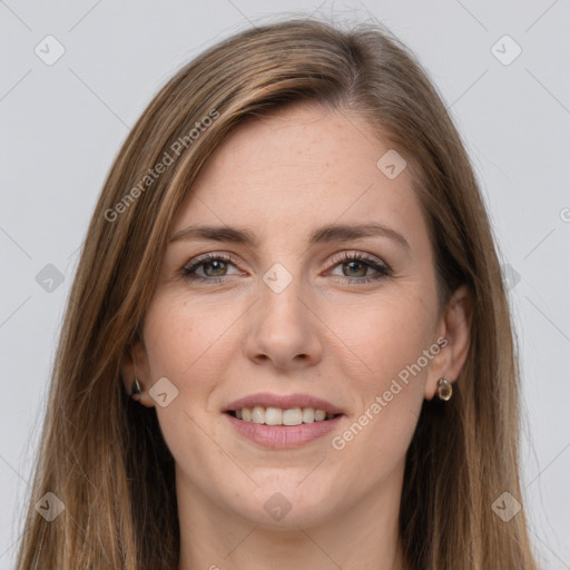 Joyful white young-adult female with long  brown hair and grey eyes