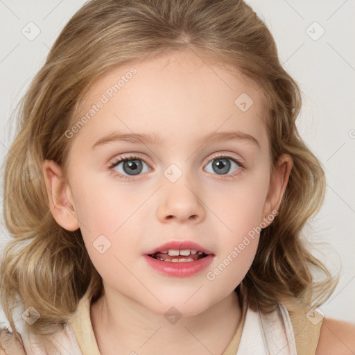 Joyful white child female with medium  brown hair and blue eyes