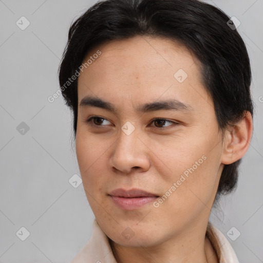 Joyful white young-adult male with medium  brown hair and brown eyes