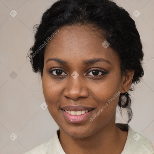 Joyful black young-adult female with medium  black hair and brown eyes