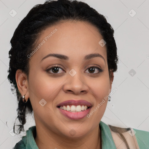 Joyful latino young-adult female with long  black hair and brown eyes