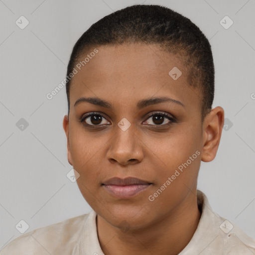 Joyful black young-adult female with short  brown hair and brown eyes