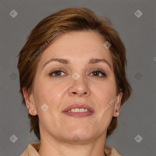 Joyful white adult female with medium  brown hair and brown eyes