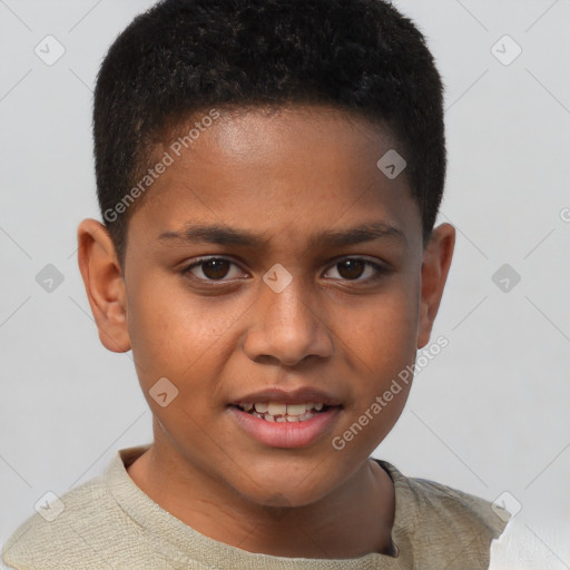 Joyful black young-adult male with short  brown hair and brown eyes