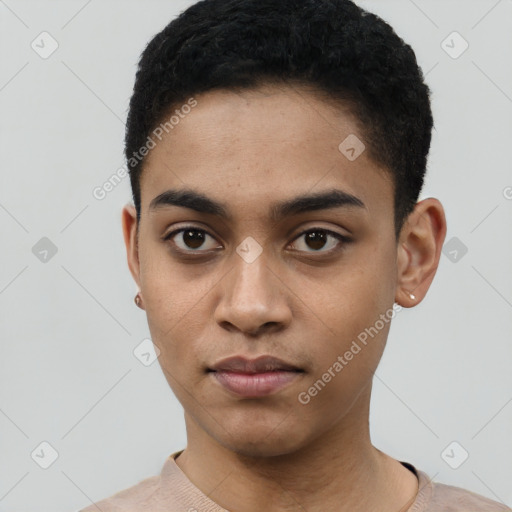 Neutral latino young-adult male with short  black hair and brown eyes