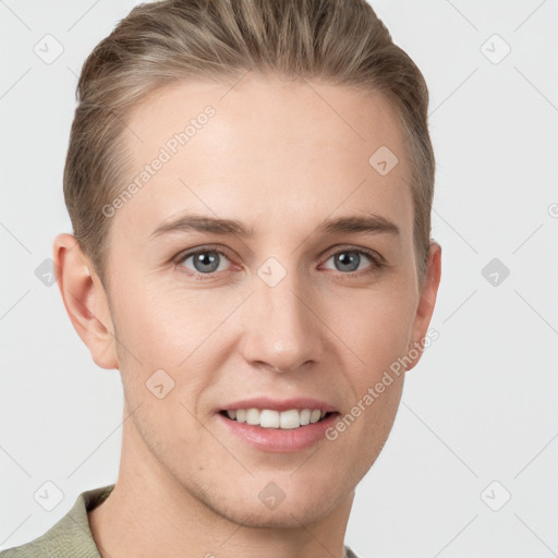 Joyful white young-adult female with short  brown hair and grey eyes