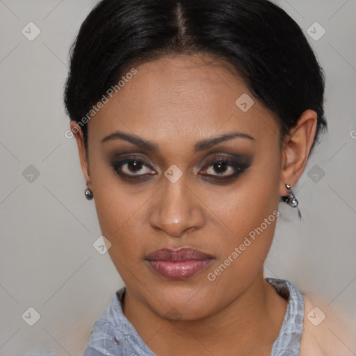 Joyful asian young-adult female with short  brown hair and brown eyes