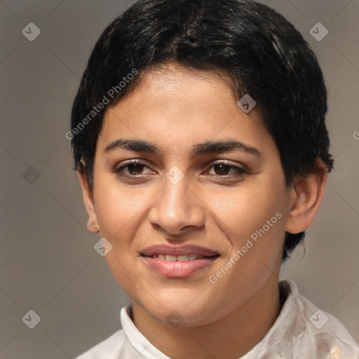 Joyful latino young-adult female with short  brown hair and brown eyes