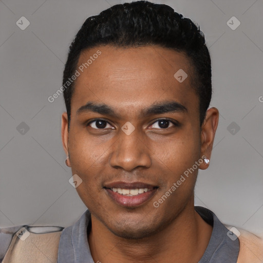 Joyful black young-adult male with short  black hair and brown eyes