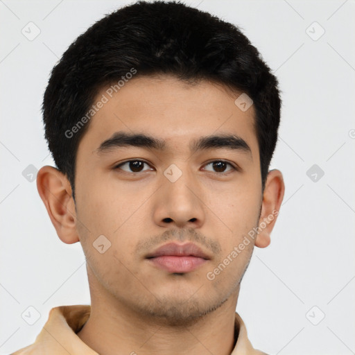 Neutral asian young-adult male with short  brown hair and brown eyes