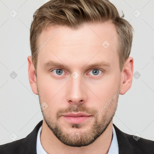 Neutral white young-adult male with short  brown hair and grey eyes