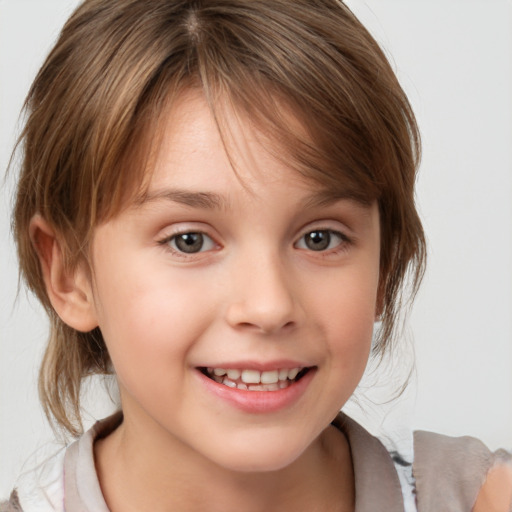 Joyful white child female with medium  brown hair and brown eyes