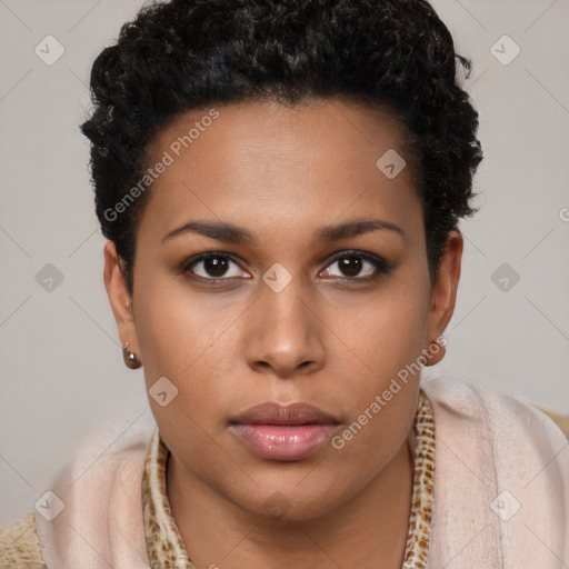 Neutral black young-adult female with short  brown hair and brown eyes