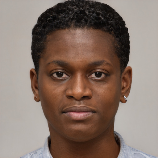 Neutral black young-adult female with short  black hair and brown eyes