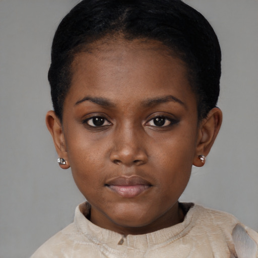 Neutral black young-adult female with short  black hair and brown eyes