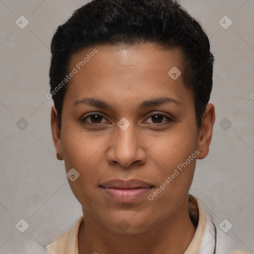 Joyful latino young-adult female with short  brown hair and brown eyes