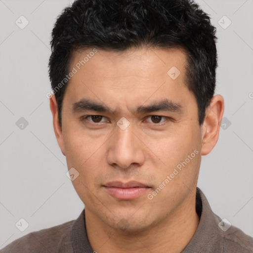 Neutral asian young-adult male with short  black hair and brown eyes