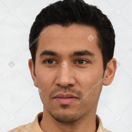 Neutral latino young-adult male with short  black hair and brown eyes