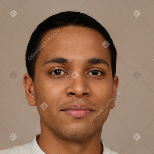 Neutral latino young-adult male with short  brown hair and brown eyes