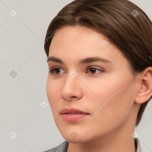 Neutral white young-adult female with short  brown hair and brown eyes