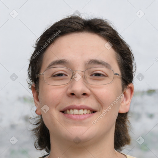 Joyful white adult female with medium  brown hair and brown eyes