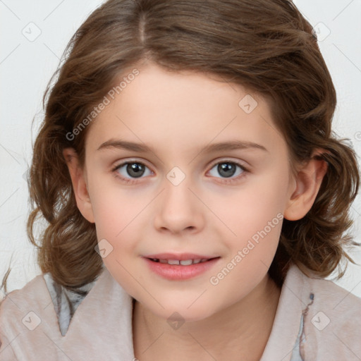 Joyful white child female with medium  brown hair and brown eyes