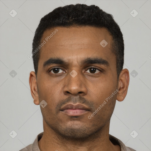Neutral latino young-adult male with short  black hair and brown eyes